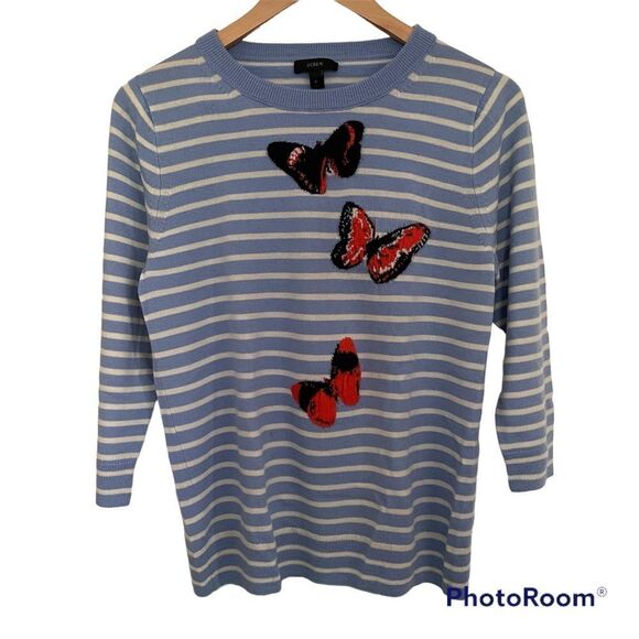 J. Crew Blue/White Striped Merino Wool Butterfly Sweater - Picture 3 of 5
